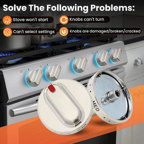 Five Piece Stove Knob Replacement Kit Fits DG64 00472A And DG64 00347A on modern gas range with detailed knob close-up.