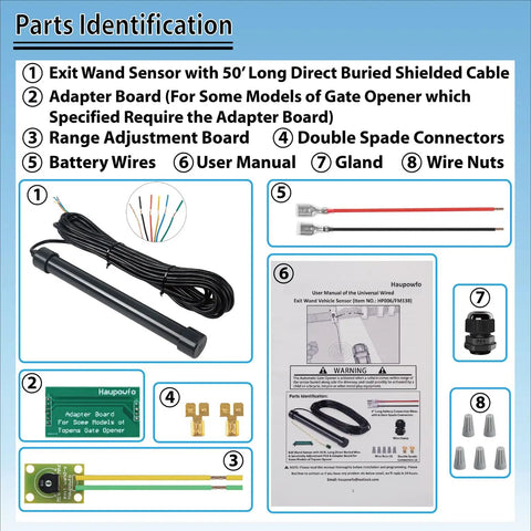 Universal Vehicle Exit Wand Sensor parts identification with 50 ft shielded cable, adapter board, and user manual shown
