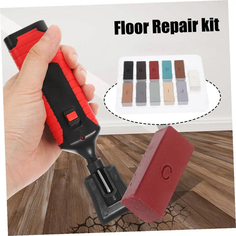 DIY Floor Repair Kit For Cracked Tiles And Surfaces With Wax Block and Quick Heat Tool in use on wood flooring