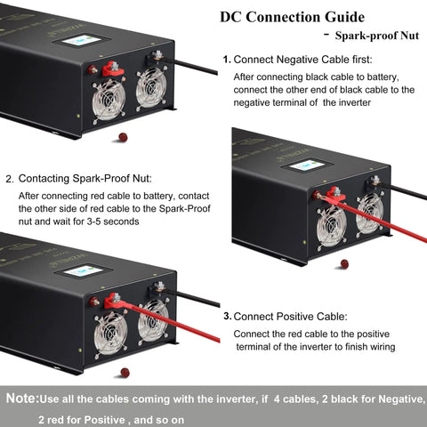 DC Connection Guide for 3000W Split Phase True Sine Wave Inverter, 48V DC To 120 And 240V AC Hardwire Terminal.