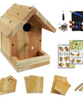 Fun DIY Birdhouse Kit With Paint Set For Kids And Adults, A Real Hands On Wood Craft Project To Build A Bird Home kit components.