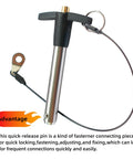 Locking Pin With Push Button Quick Release And Safety Rope, stainless steel, rust resistant, shown with safety rope attached.