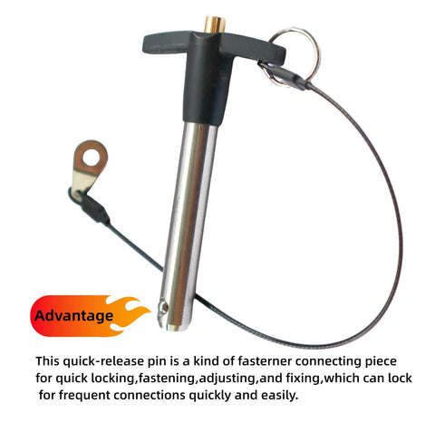 Locking Pin With Push Button Quick Release And Safety Rope, stainless steel, rust resistant, shown with safety rope attached.