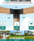 Four Pack 3-Way Right Angle Pergola Brackets With Post Base For 4x4 Beams, shown stabilizing wood beams at 90-degree angles.