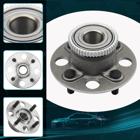 Close-up view of Rear Wheel Hub And Bearing Assembly For Honda Civic With ABS OEM Replacement, Four Lug, Fits 2001 To 2005 models.