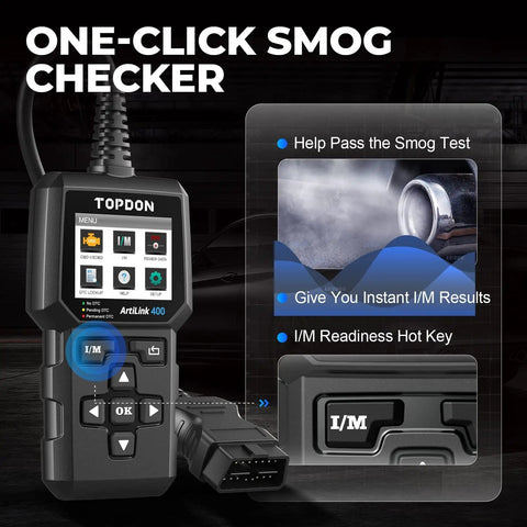 AL400 OBD2 Scanner For Cars And Light Trucks, Full OBDII Code Reader With DTC Lookup, showing I/M readiness and smog check feature