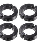 Set of four black oxide double-split shaft collars for 1-1/4 in rods, 2-1/16 in OD, 1/2 in width with set screws.