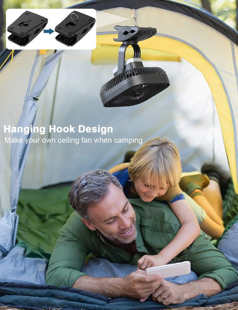 20000mAh Rechargeable Clip On Fan With 78 Hours Battery Life hanging in a tent during camping with hook design