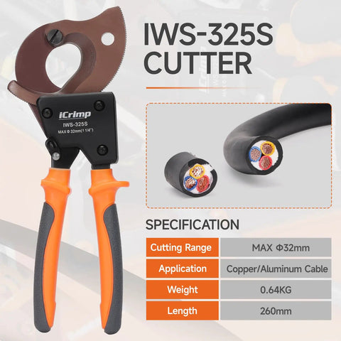 Pro Level Heavy Duty Ratchet Cable Cutter with orange grips, cutting thick multicore wire up to 32mm smoothly and easily.