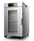 Heavy Duty Commercial Food Dehydrator With Eighteen Stackable Trays, A Hardcore Two Thousand Watt Heater, And All Stainless Steel Build on wheels.