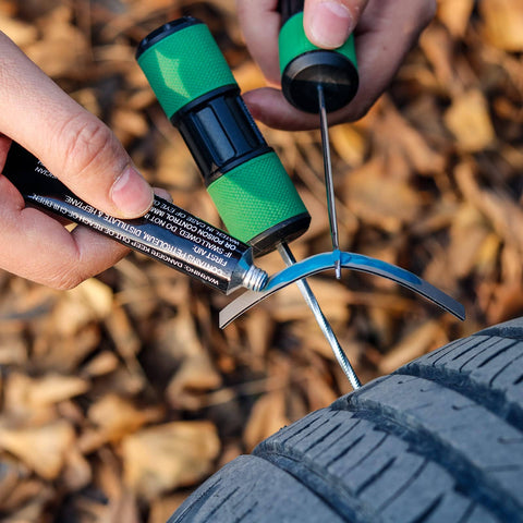 Person using Permanent Tire Repair Kit For Cars Motorcycles Off Road Vehicles Trailers SUVs Pickups ATVs UTVs And Scooters Easy To Use No Fuss Quick Fix With Dry Vulcanized Patches on a tire outdoors