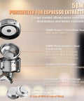 Portafilter for espresso extraction with 58mm stainless steel brew head, dual spouts, and powder bowl for balanced brewing.