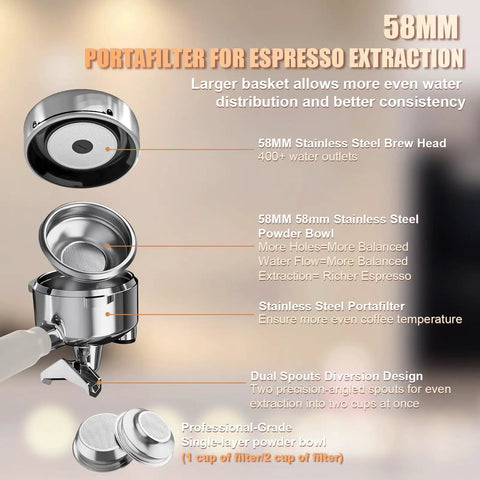 Portafilter for espresso extraction with 58mm stainless steel brew head, dual spouts, and powder bowl for balanced brewing.