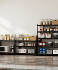 5 Tier Beefy Heavy Duty Metal Storage Shelving Rack With Adjustable Shelves, 3000 Lb Total Capacity, 60 Inch High, 28 Inch Wide, 12 Inch Deep, Ideal for Garage, Warehouse, Pantry, Kitchen, and Office. Black metal shelving loaded with kitchen storage items