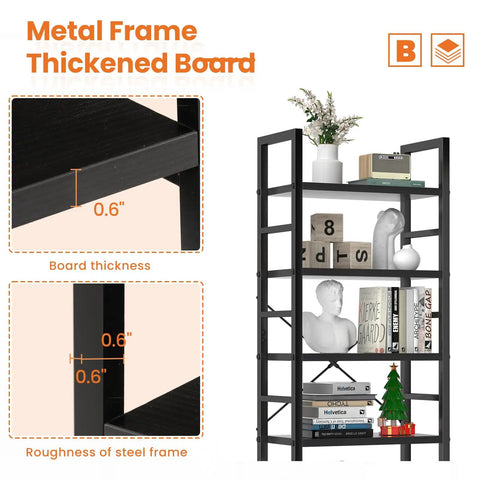 Five Tier Bookshelf Tall Display Stand For Bedroom Living Room And Home Office Industrial Style Black Storage Rack Detail View
