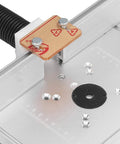 Heavy Duty Aluminum Router Lift Kit Quick Height Swap Insert Plate For Router Tables showing detailed adjustment features and mounting holes.