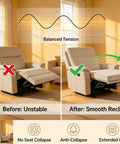 Before and after image of recliner chair showing effects of Heavy Duty Replacement Recliner Mechanism Tension Spring For Couch Furniture Restoration Parts.