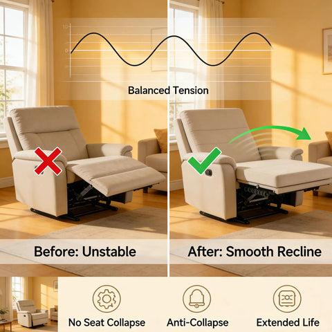 Before and after image of recliner chair showing effects of Heavy Duty Replacement Recliner Mechanism Tension Spring For Couch Furniture Restoration Parts.