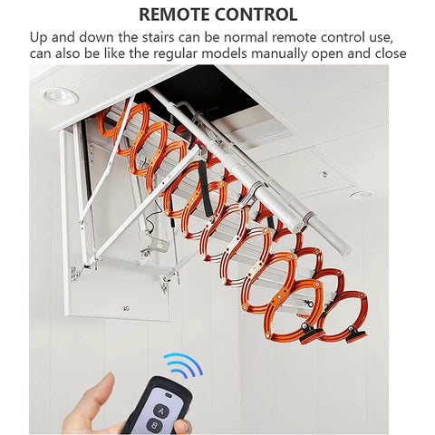Killer Electric Attic Ladder With Slick Remote Control Pull Down Telescoping Ceiling Stairs Solid Aluminum Build showing remote operation and telescoping design