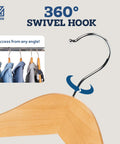 Heavy Duty Wooden Clothes Hangers Set Pro Grade Non Slip Contoured Hangers For Coats Jackets Suits And Pants With 360 Chrome Hook Grooved Pant Bar Notches 20 Pack For Closet Organization - close up with 360 swivel hook