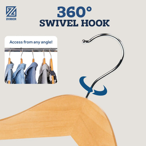 Heavy Duty Wooden Clothes Hangers Set Pro Grade Non Slip Contoured Hangers For Coats Jackets Suits And Pants With 360 Chrome Hook Grooved Pant Bar Notches 20 Pack For Closet Organization - close up with 360 swivel hook