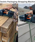 Heavy Duty Portable Electric Strapping Machine With Dual Batteries For Pet Strap Automatic Handheld Banding Tool cutting strap on wooden and concrete surfaces.