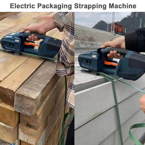 Heavy Duty Portable Electric Strapping Machine With Dual Batteries For Pet Strap Automatic Handheld Banding Tool cutting strap on wooden and concrete surfaces.