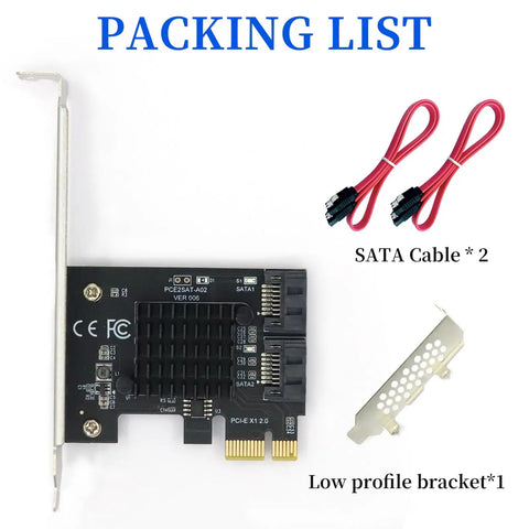 Packing list: PCIe X1 To SATA 3.0 Expansion Card, 2 Port High Speed Controller, Hot Swappable, Supports 2.5 And 3.5 Inch SSD Or HDD, Works With Windows Mac Linux And Beyond.