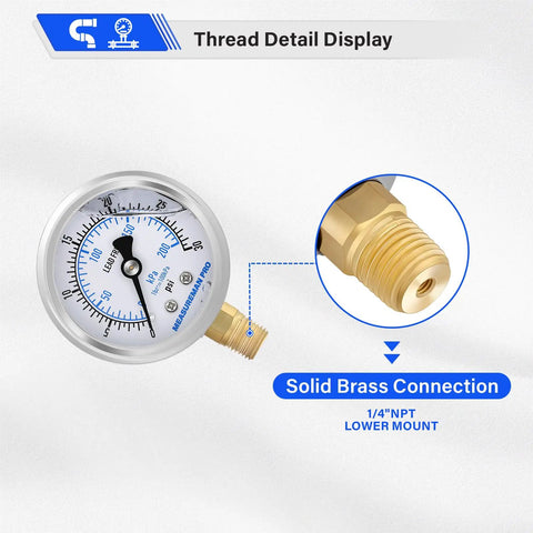 Low Pressure Glycerin Filled Pressure Gauge 0 To 30 Psi KPa, 304 Stainless Steel Case, 1/4 Inch NPT Lower Mount, Brass Connection