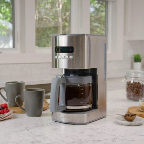 12 Cup Programmable Drip Coffee Maker With Glass Carafe, Pause And Pour, Auto Shut Off on marble countertop in kitchen