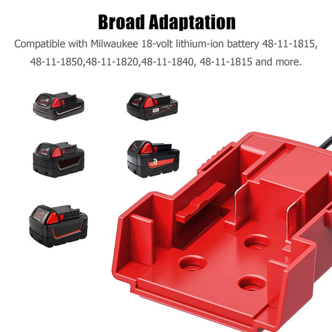 Red adapter from 2 Pack 18V Power Wheel Battery Adapter Kit, compatible with various Milwaukee lithium-ion batteries shown above.