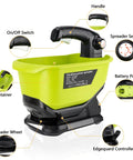 18V Battery Powered Grass Seed And Salt Spreader For Ryobi Tools, 3.7L hopper, showing controls and components.