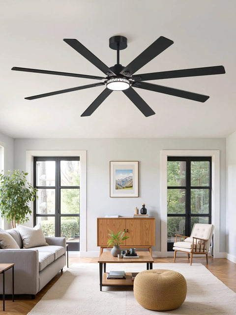 84 Inch Farmhouse Ceiling Fan With Light For Indoor Outdoor Use Waterproof Dimmable LED, installed in modern living room