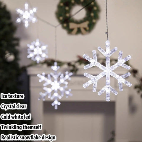 Snowflake Icicle Christmas Lights With 150 LED 9ft Run 10 Drops Twinkling Cool White Waterproof Connectable Up To 3 Sets