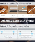 Six Pack Under Cabinet Lighting With Touch Control LED Light Bars installation guide with stickers and screws for smooth and rough surfaces