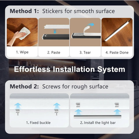 Six Pack Under Cabinet Lighting With Touch Control LED Light Bars installation guide with stickers and screws for smooth and rough surfaces