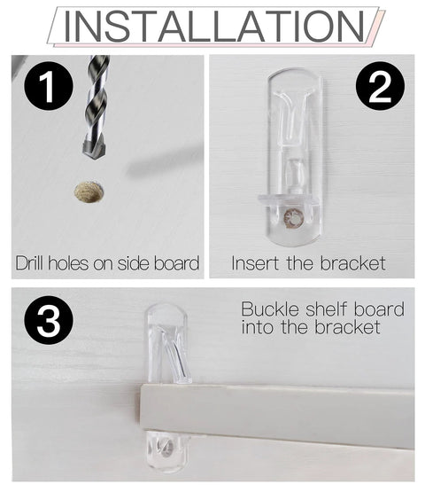Installation steps for 20 Pcs Clear Plastic Locking Shelf Pins 5mm 3/4 Inch Self Locking Shelf Support Peg Clips with drill and brackets.