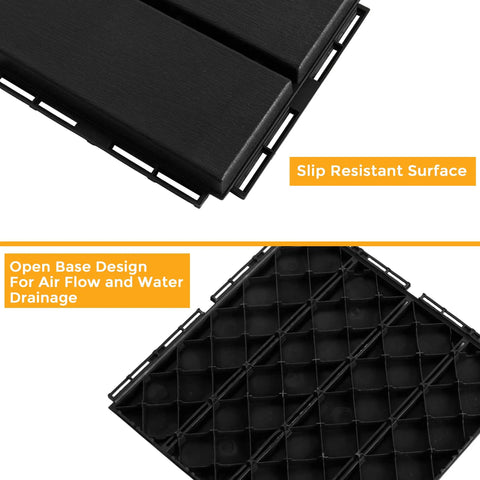 Close-up of gray interlocking deck tiles showing slip resistant surface and open base design for drainage and air flow.