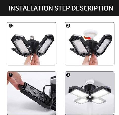 Installing Bangin 100W LED Garage Lights With 10000 Lumens 6000K Daylight E26 Base, step-by-step with adjustable panels