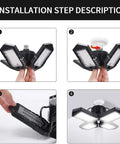 Installation steps for Four Pack 100W Deformable LED Garage Lights With 10000 Lumens Daylight 6000K E26 Ceiling Lighting.