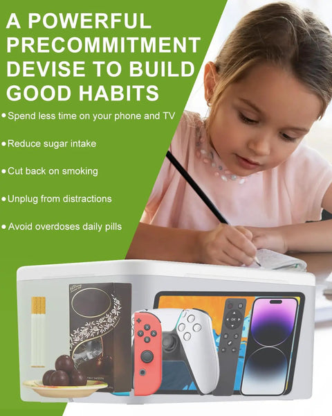 Solid Timed Phone Lock Box To Kick Scroll Habit And Stay Sharp Great For Cellphones Tablets And Snacks Distraction Proof Self Control Timer Storage Locker Gray with various items inside, promoting healthy habits.