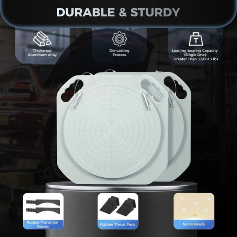 Heavy Duty Aluminum Wheel Alignment Turn Plates Featuring 360 Degree Rotating Design And Smooth Rolling Performance Crafted For Pro Garages Including Rock Solid Thrust Pads With Rubber Transition Blocks For Quick Vehicle Setup