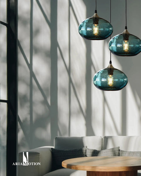 Pendant Lights Kitchen Island Hand Blown Glass UFO Ceiling Light Fixture With Seeded Bubbles over a modern living room