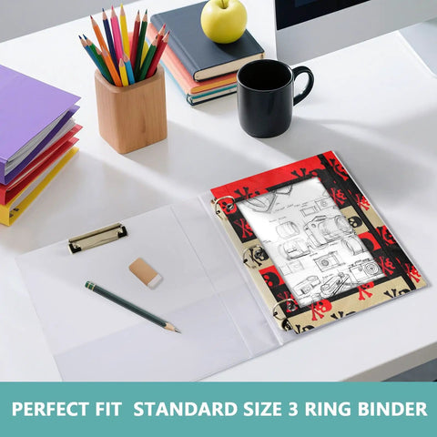 Zippered Coupon Binder Organizer with stripes and skull crossbones design for deals on the go, fits standard 3 ring binders on a desk.