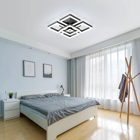 64W Dimmable Black 5 Square LED Ceiling Light With Remote Control Flush Mount Chandelier in modern bedroom