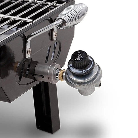 Close-up of Single Burner Portable Propane Grill With Piezo Ignition showing the control valve and stainless steel structure.