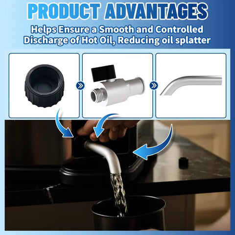Complete Stainless Steel Drain Valve Kit For 10L XL Electric Fryer Models MB20012420 MB20010326 showing use in oil drainage.