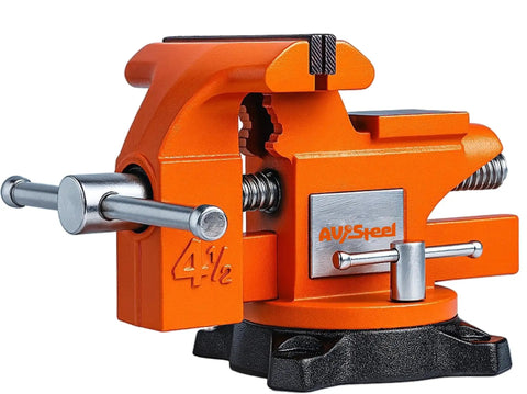Four And A Half Inch Bench Vise With 240 Degree Swivel Base And Anvil, Built Tough Cast Iron Heavy Duty Vise For Woodworking Drilling And Pipe Cutting