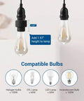 Remote Control Light Socket With Wireless Switch Replaces Pull Chain No Wiring Needed 100 Ft Range Wall Mounted Controller And Bulb Base ETL Listed Easy Setup For Lamps And Fixtures showing compatible bulbs and length adjustment