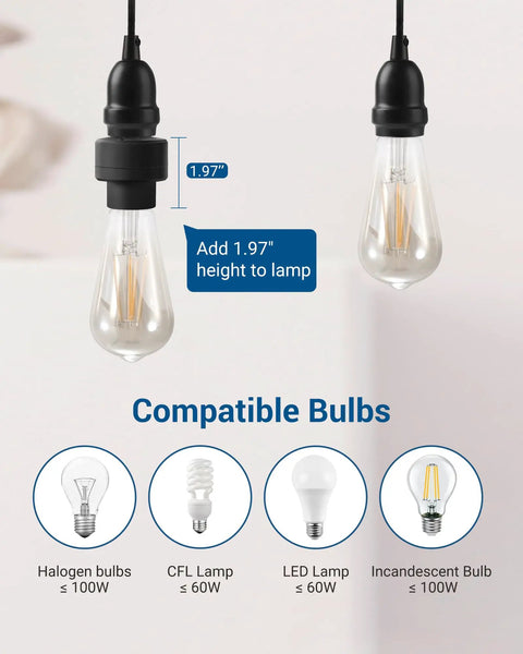 Remote Control Light Socket With Wireless Switch Replaces Pull Chain No Wiring Needed 100 Ft Range Wall Mounted Controller And Bulb Base ETL Listed Easy Setup For Lamps And Fixtures showing compatible bulbs and length adjustment